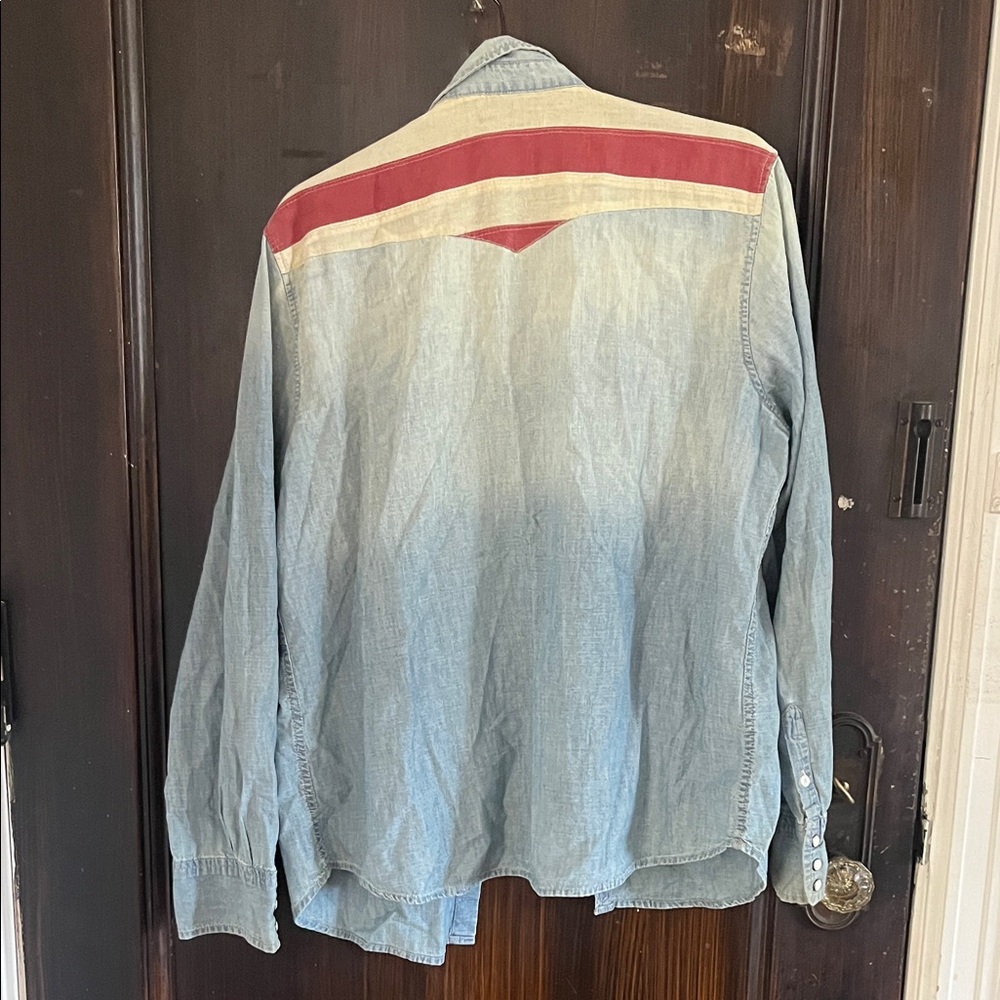 Americana Chambray Denim & Supply Blue Jean Jacket Western Shirt American Flag - Picture 2 of 8
